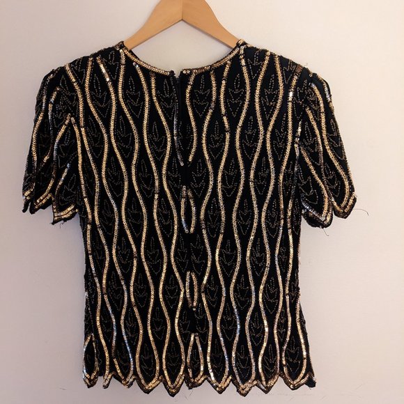 Stenay - Black and Gold Short Sleeve Blouse with Beading and Sequins - Picture 2 of 8